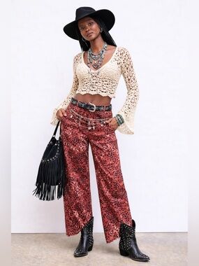 CIDER MID RISE WIDE LEG LEOPARD JEANS Rose Brown Festival western